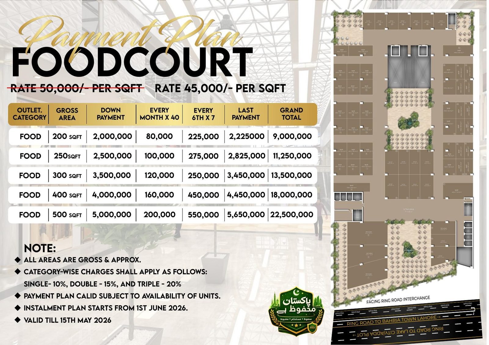ABS Central Food Court payment plan — official rate table
